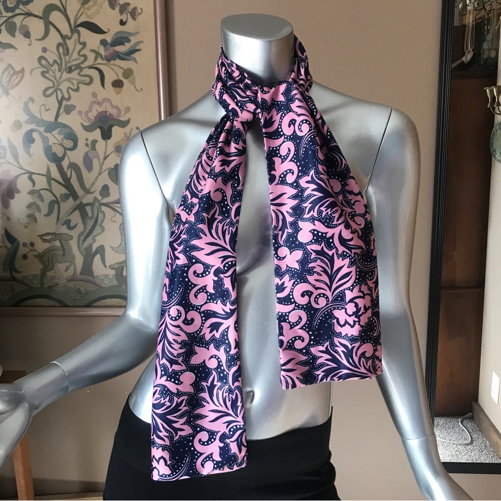 Navy Blue Pink Polka Dot Leaf Pattern Scarf Soft And Stretchy 8.5”x 55” - Picture 2 of 6